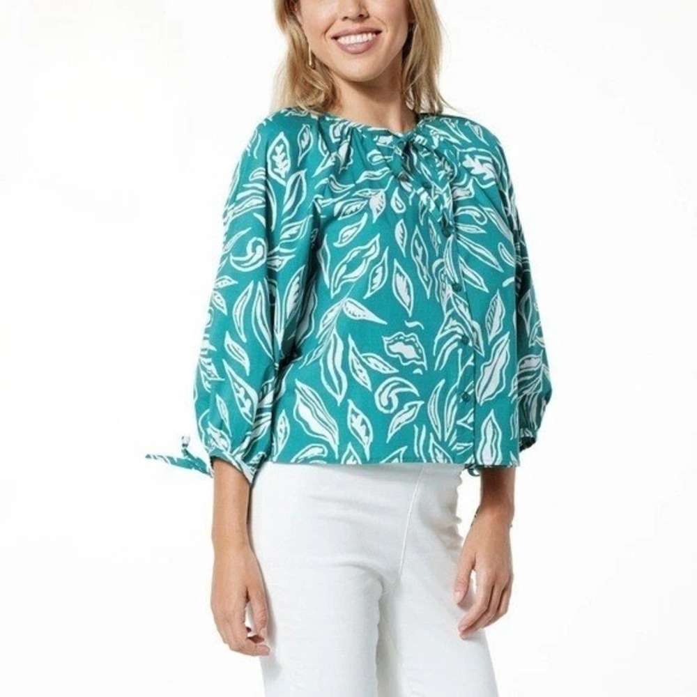 G by Giuliana Women's 3X Printed Poplin Blouse Top Teal White‎ Leaf Print NWT